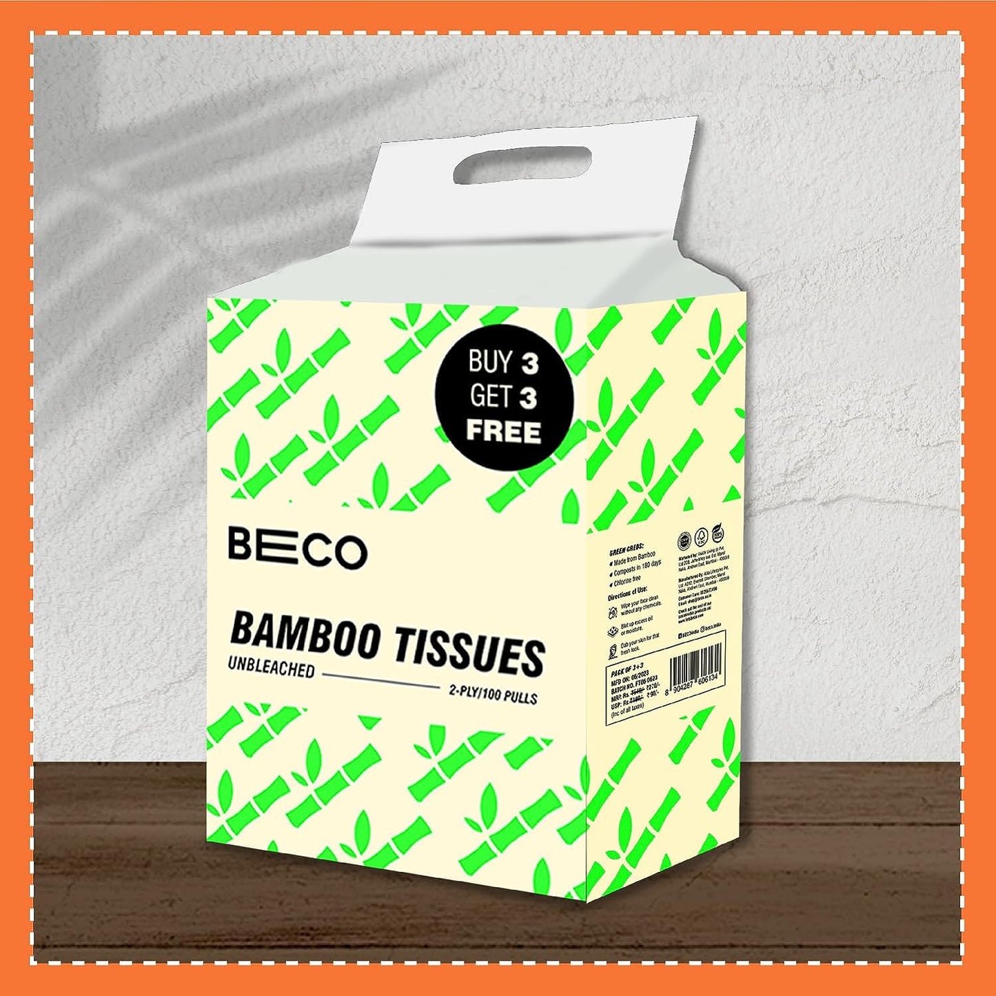 Beco Bamboo Super Soft Facial Tissue 100 Pulls (Pack of 6), 600 Pulls 2 ply 100% Natural and Ecofriendly