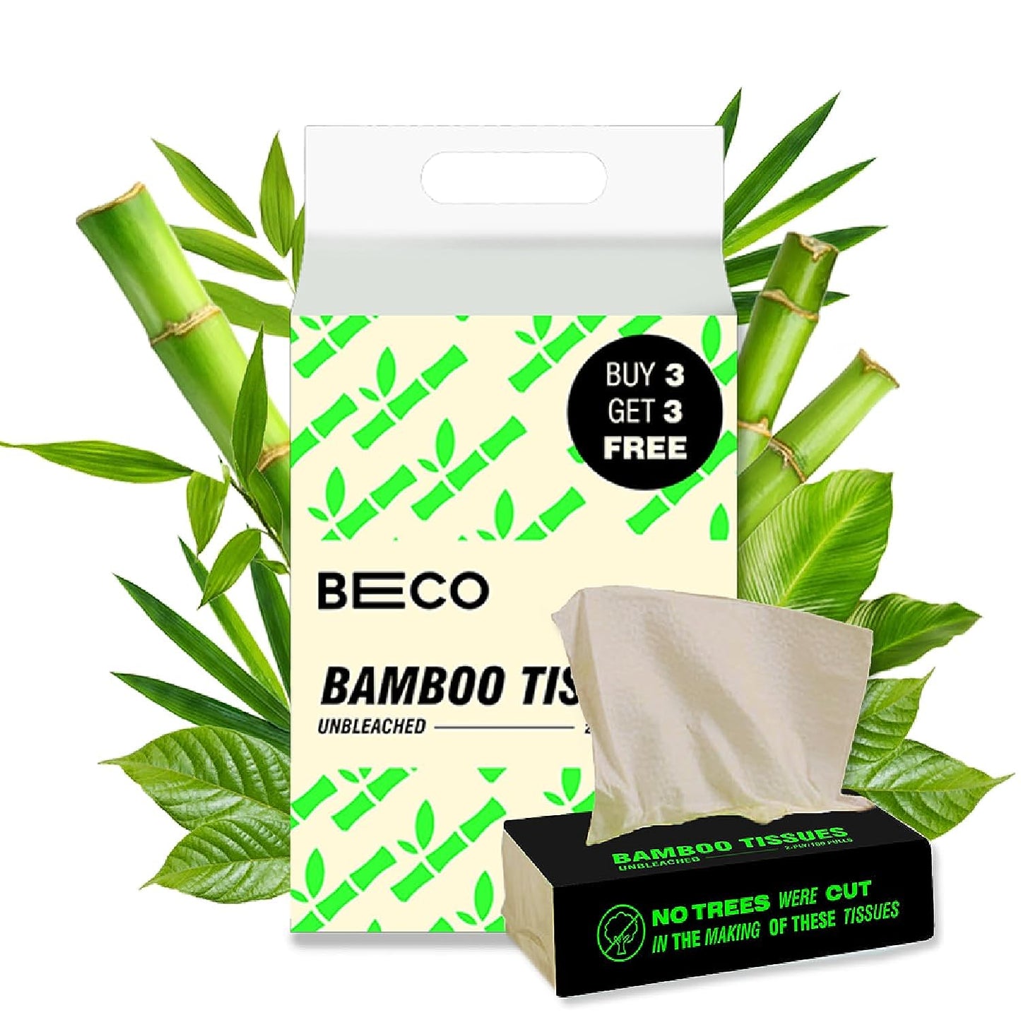 Beco Bamboo Super Soft Facial Tissue 100 Pulls (Pack of 6), 600 Pulls 2 ply 100% Natural and Ecofriendly